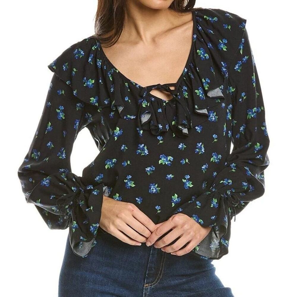 WeWoreWhat Ruffle Blouse Watercolor Ditzy in Black Multi Women's Size Medium New